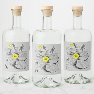 Étiquettes Pour Bouteilles De Liqueur Lys d'eau jaune gravure graphique noir