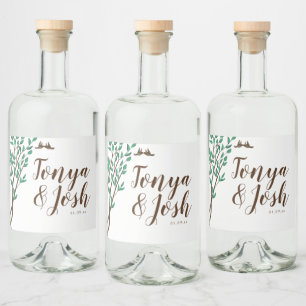 Étiquettes Pour Bouteilles De Liqueur Mariage d'amour oiseaux rustiques branches et verd