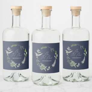 Étiquettes Pour Bouteilles De Liqueur Mariage de script botanique moderne bleu marine