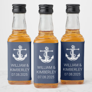 Étiquettes Pour Bouteilles De Liqueur Mariage élégant bleu marine nautique d'ancre