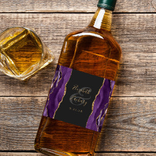Étiquettes Pour Bouteilles De Liqueur Mariage Élégant Violet Or Agate Sombre