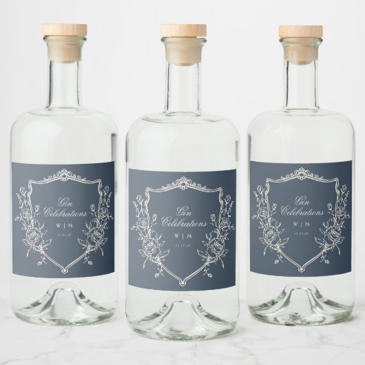 Étiquettes Pour Bouteilles De Liqueur Marine Bleu Monogramme Crest Classique Mariage élé (Bouteilles)
