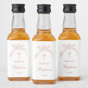 Étiquettes Pour Bouteilles De Liqueur Mini baptême ruban rose floral
