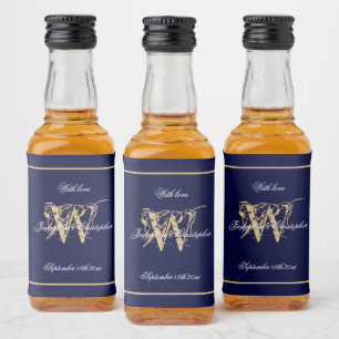 Étiquettes Pour Bouteilles De Liqueur Mini Mariage chic Monogram élégant Marine & Gold