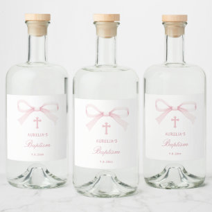 Étiquettes Pour Bouteilles De Liqueur Nœud de baptême rose aquarelle