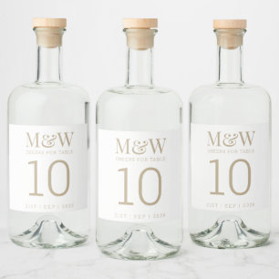 Étiquettes Pour Bouteilles De Liqueur Numéro de tableau Mariage de monogramme d'or blanc