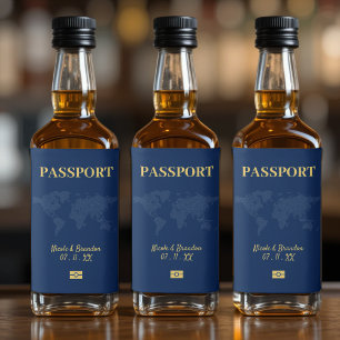 Étiquettes Pour Bouteilles De Liqueur Passeport bleu et jaune Destination Mariage
