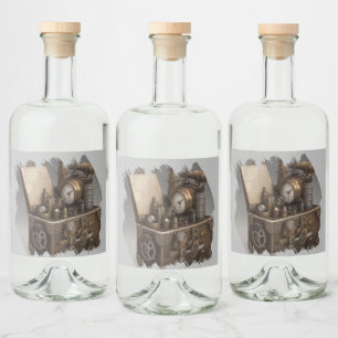 Étiquettes Pour Bouteilles De Liqueur Poitrine au trésor avec engrenages