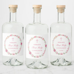 Étiquettes Pour Bouteilles De Liqueur Première communion de germe rose