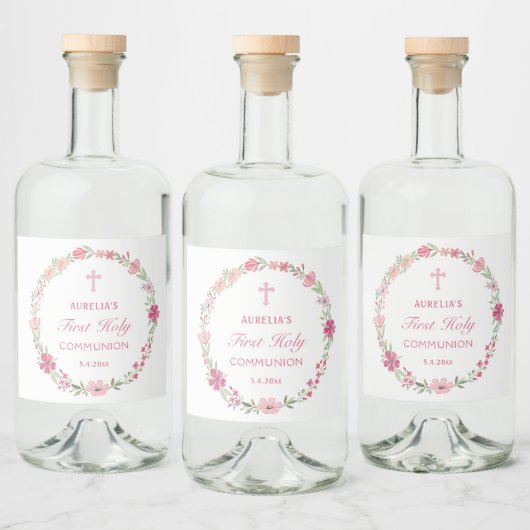 Étiquettes Pour Bouteilles De Liqueur Première communion de germe rose (Bouteilles)