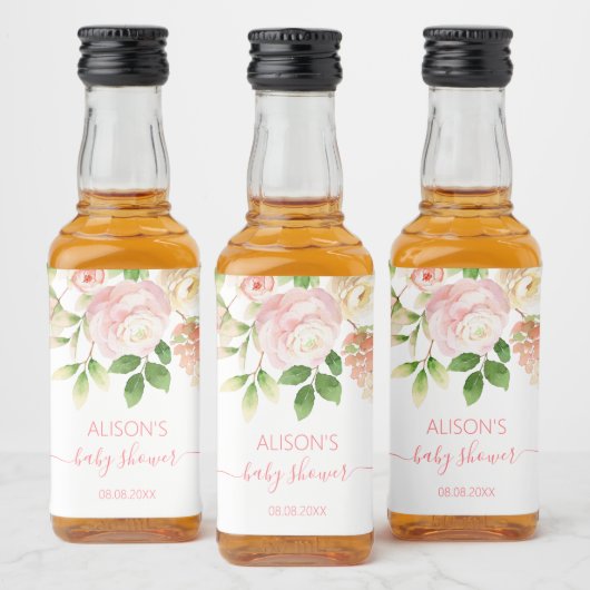 Étiquettes Pour Bouteilles De Liqueur Rose rose élégant Floral Girl Baby shower Mini (Bouteilles)