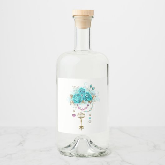 Étiquettes Pour Bouteilles De Liqueur Roses turquoise avec touches (Devant)