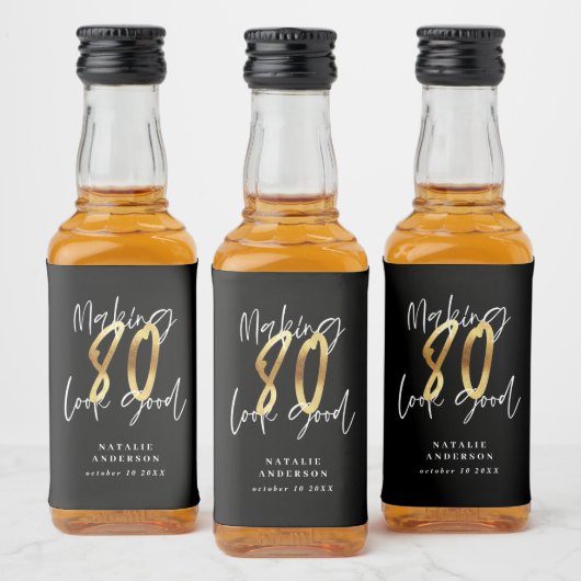 Étiquettes Pour Bouteilles De Liqueur Soirée de 80e anniversaire en noir et or (Bouteilles)