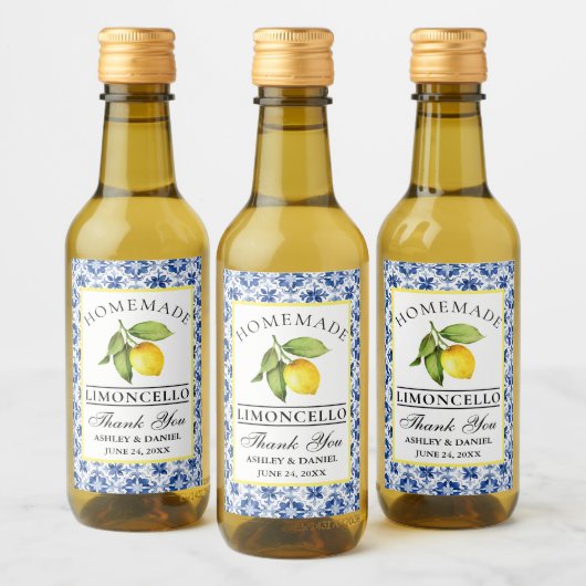 Étiquettes Pour Bouteilles De Vin Aquarelle Citron Carrelage bleu Limoncello Mini Ét (Bouteilles)