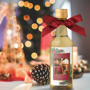 Étiquettes Pour Bouteilles De Vin Aquarelle Holly & Pine Joyeux Noël Photo Mini