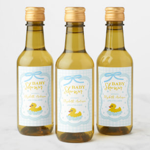 Étiquettes Pour Bouteilles De Vin Baby-Shower Gingham Garçon aux Gouttelettes d'Eau