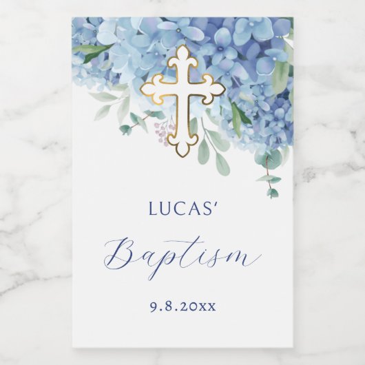 Étiquettes Pour Bouteilles De Vin Baptême d'Hydrangée Bleue (Étiquettes simples)
