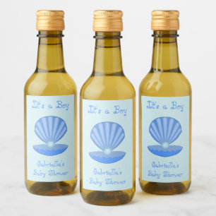 Étiquettes Pour Bouteilles De Vin Bébé bleu Coquille d'huîtres et Baby shower Pearl