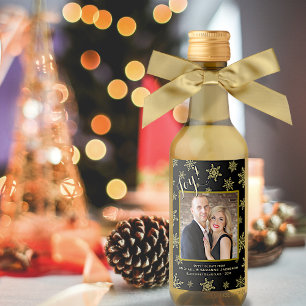 Étiquettes Pour Bouteilles De Vin Black & Gold Snowflake Joie Photo Holiday Mini