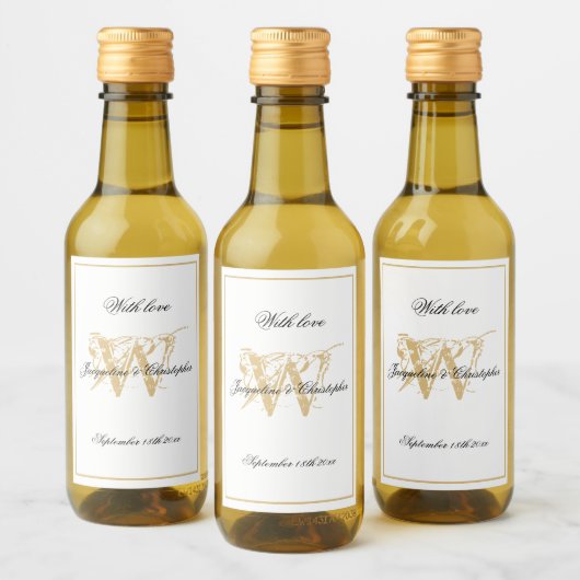 Étiquettes Pour Bouteilles De Vin Blanc & Or Elegant Monogramme Chic Mariage Mini (Bouteilles)