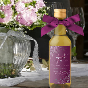 Étiquettes Pour Bouteilles De Vin Cassis magenta Mariage Lacy Silver Merci Mini