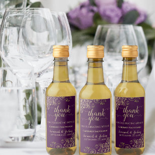 Étiquettes Pour Bouteilles De Vin Dentelle d'or sur Plum violet Merci Mariage Mini