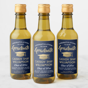 Étiquettes Pour Bouteilles De Vin Fête de Graduation Brossé Marine Bleu Or Blanc Min