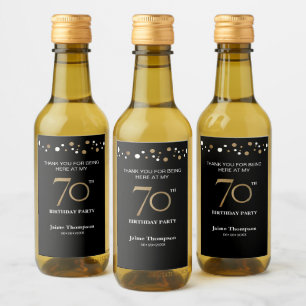 Étiquettes Pour Bouteilles De Vin Gold noir 70e anniversaire thème confetti merci