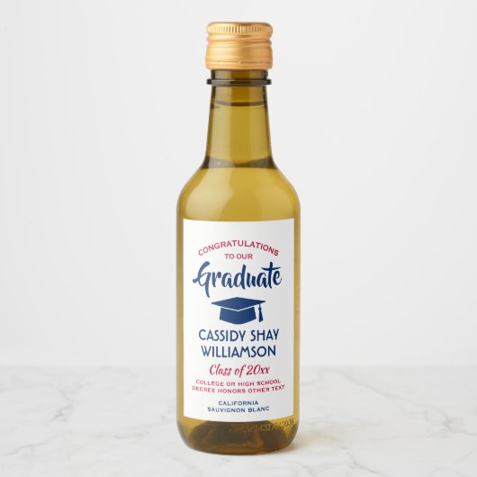Étiquettes Pour Bouteilles De Vin Graduation Congrats Moderne Rouge Blanc et Bleu Mi (Devant)