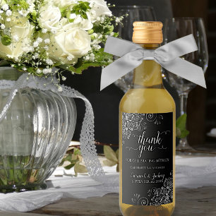 Étiquettes Pour Bouteilles De Vin Lacy Silver sur le Merci Mariage noir Mini