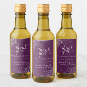 Étiquettes Pour Bouteilles De Vin Lacy Silver sur Plum Purple Mariage Merci Mini