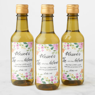 Étiquettes Pour Bouteilles De Vin Luc 1:45 Béni est Elle, Écriture Féminine Floral