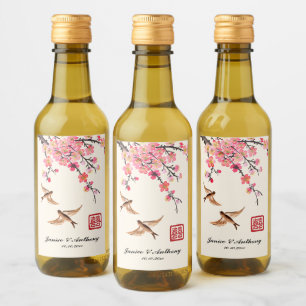Étiquettes Pour Bouteilles De Vin Mariage chinois d'encre peignant fleurs et oiseaux