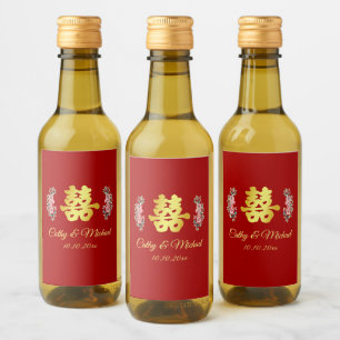 Étiquettes Pour Bouteilles De Vin Mariage chinois rouge double bonheur floral