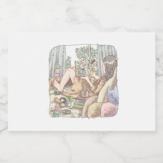 ÉTIQUETTES POUR BOUTEILLES DE VIN MOUSSEUX さなむごじ カーテンのある窓際に寝そべって本を読む素足の女性のイラスト (Étiquettes simples)