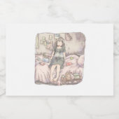 ÉTIQUETTES POUR BOUTEILLES DE VIN MOUSSEUX さなむさじ  寝室のピンクのベッドに腰かけて目を閉じている素足の女性のイラスト (Étiquettes simples)