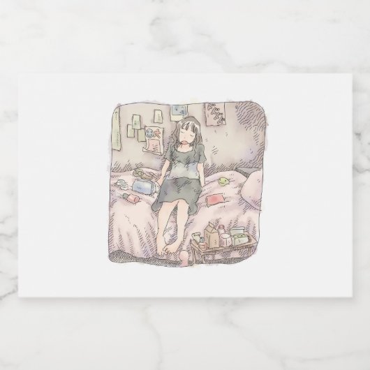 ÉTIQUETTES POUR BOUTEILLES DE VIN MOUSSEUX さなむさじ  寝室のピンクのベッドに腰かけて目を閉じている素足の女性のイラスト (Étiquettes simples)