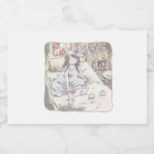 ÉTIQUETTES POUR BOUTEILLES DE VIN MOUSSEUX さなれなじ　寝室の壁際のベッドの上で、胡坐をかいてノートパソコンを使う女性のイラスト (Étiquettes simples)