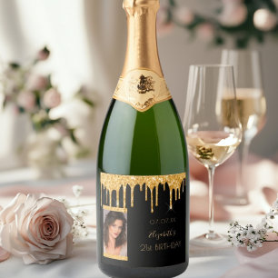 Étiquettes Pour Bouteilles De Vin Mousseux 21e anniversaire photo noir or parties scintillant