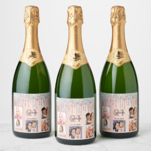 Étiquettes Pour Bouteilles De Vin Mousseux 21e anniversaire photo rose or argent nom parties