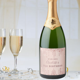 Étiquettes Pour Bouteilles De Vin Mousseux 21e anniversaire rose or parties scintillant monog
