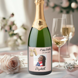 Étiquettes Pour Bouteilles De Vin Mousseux 21e anniversaire rose or rose photo