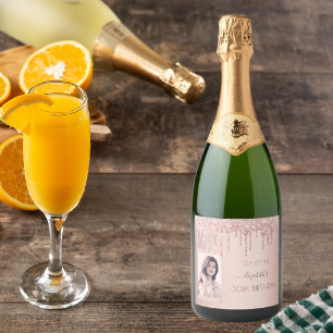 Étiquettes Pour Bouteilles De Vin Mousseux 30e anniversaire photo rose or parties scintillant