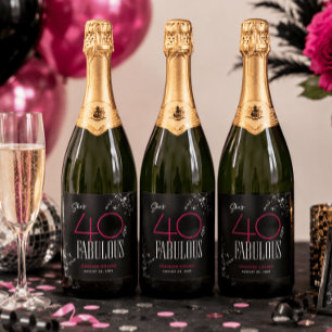 Étiquettes Pour Bouteilles De Vin Mousseux 40 ans et Fabuleux Anniversaire Rose Noir Paillett