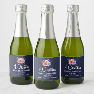 Étiquettes Pour Bouteilles De Vin Mousseux 40 et texte fabuleux - Aquarelle Floral Anniversai