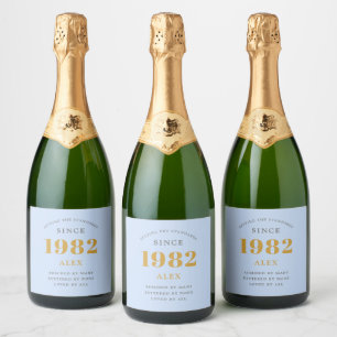 Étiquettes Pour Bouteilles De Vin Mousseux 40e anniversaire Nom 1982 Blue Grey Elegant Chic