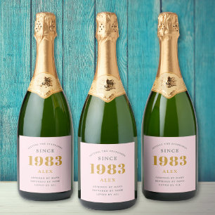 Étiquettes Pour Bouteilles De Vin Mousseux 40e anniversaire Nom 1983 Rose Grey Elegant Chic