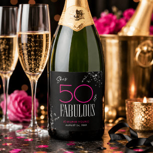 Étiquettes Pour Bouteilles De Vin Mousseux 50 ans et Fabuleux Anniversaire Rose Noir Paillett