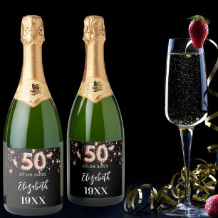 Étiquettes Pour Bouteilles De Vin Mousseux 50e anniversaire noir rose étoiles d'or