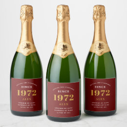 Étiquettes Pour Bouteilles De Vin Mousseux 50e anniversaire Nom 1972 Red Gold Elegant Chic